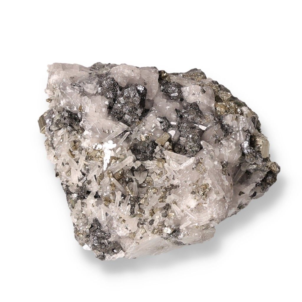 Quartz crystal with pyrite and galena minerals, showcasing unique energy properties and chakra associations.