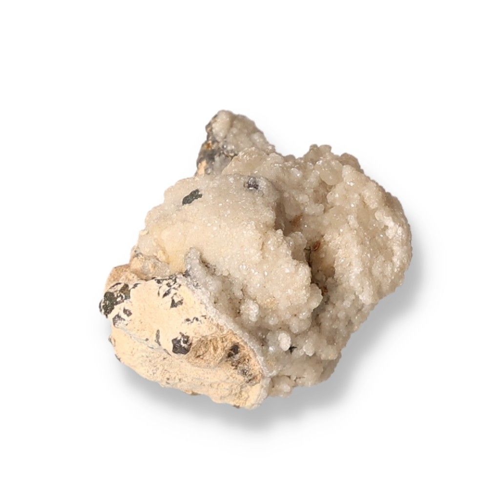 Galena mineral with calcite crystals on a white background.