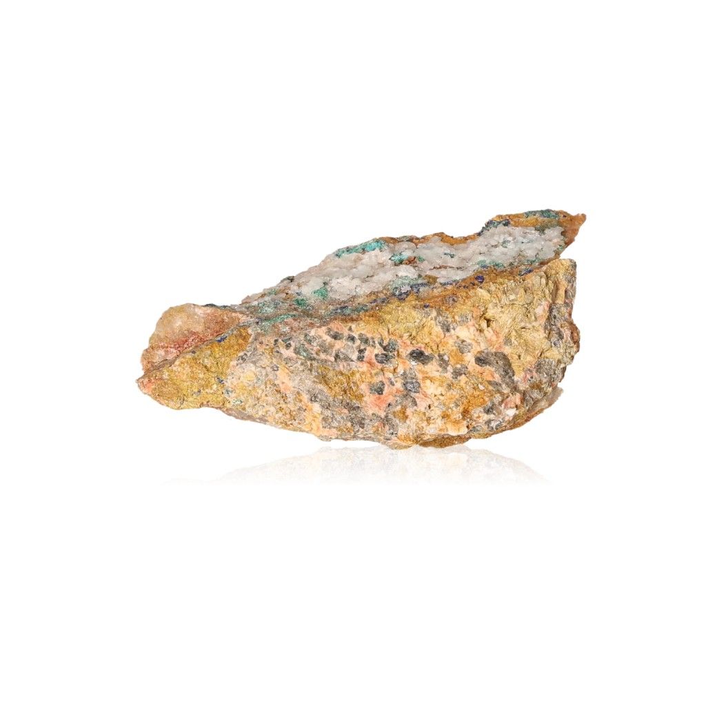 Raw malachite druzy stone on white background, showcasing natural texture and colors.