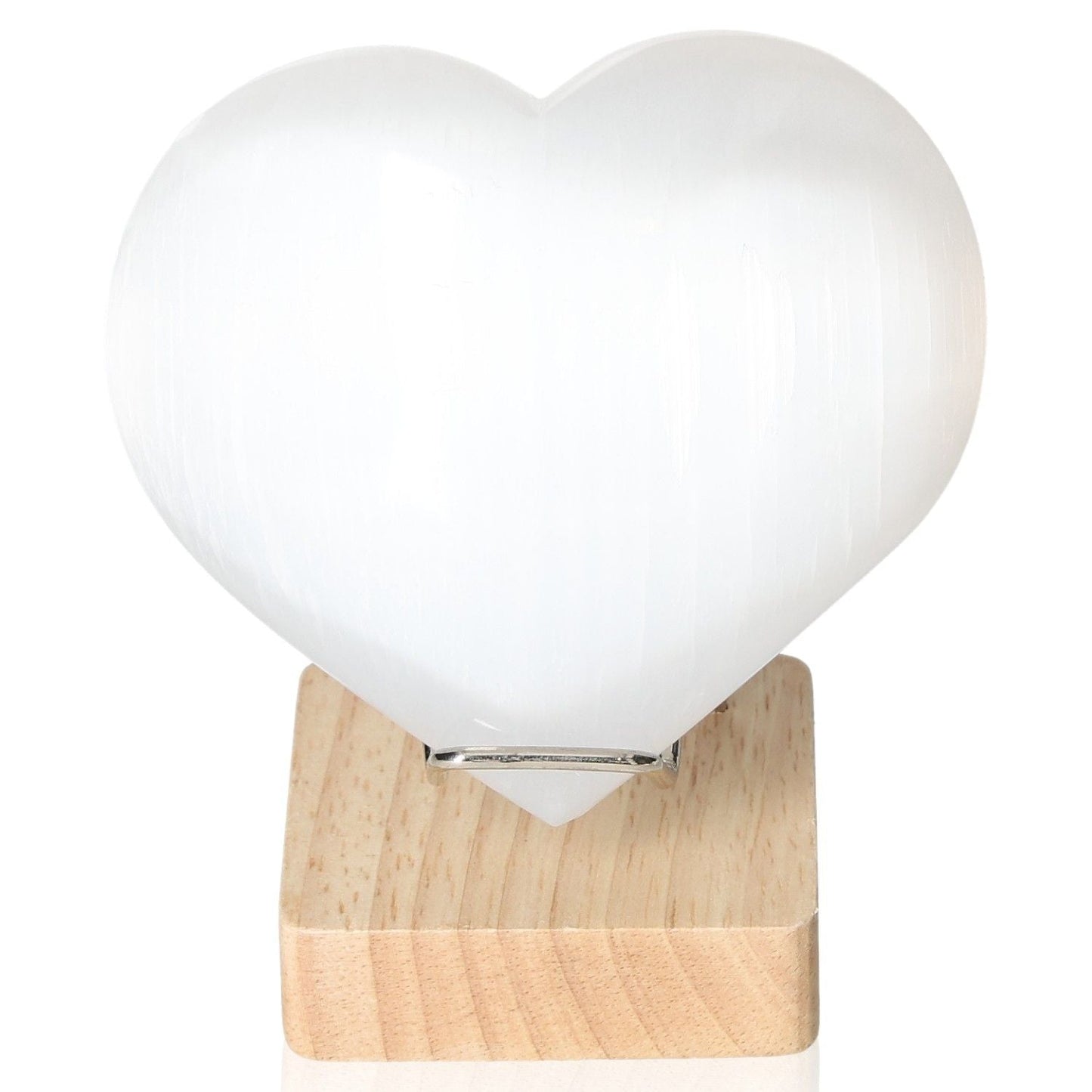 Selenite heart crystal on wooden stand, 12cm, by Sylvia Crystals for spiritual growth and mindful living.