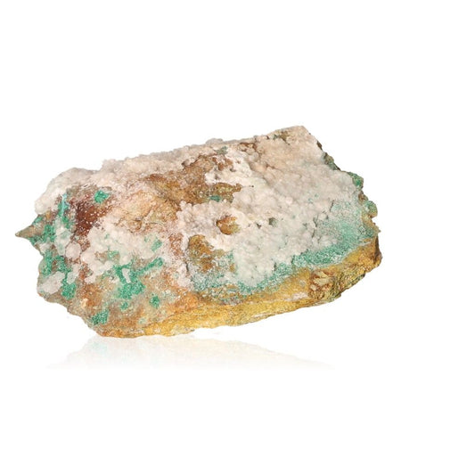 Raw malachite mineral specimen with white and green textures showcasing natural beauty and intricate patterns.