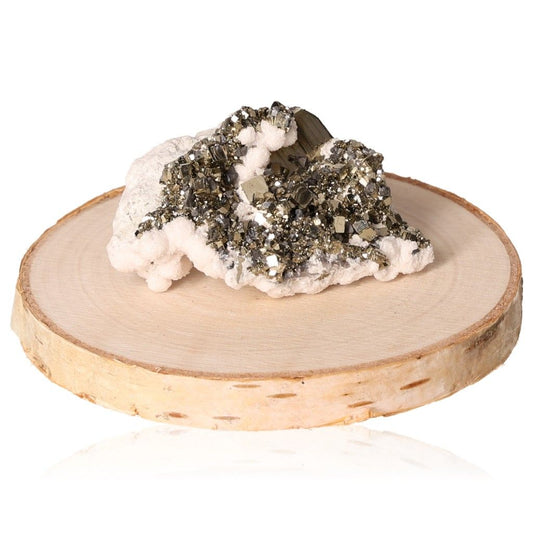 Pyrite druze cluster on wooden base, enhances independence and courage, ideal for inspiring new ideas and achieving goals.