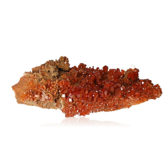 Vanadinite Druze with vibrant hexagonal crystals and glassy surface, showcasing bold reddish-orange colors and geometric shapes.