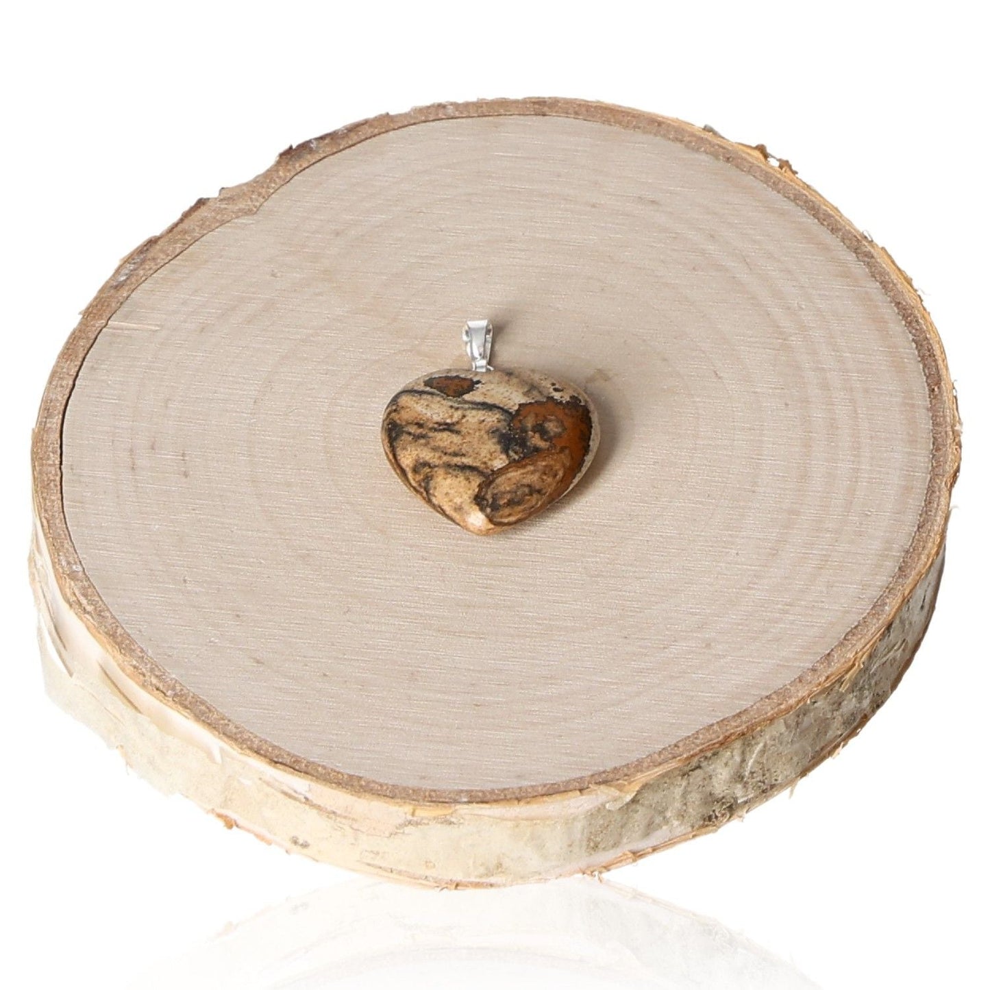 Jasper picture heart pendant on wooden slice, 20mm natural stone jewelry piece with earthy tones.