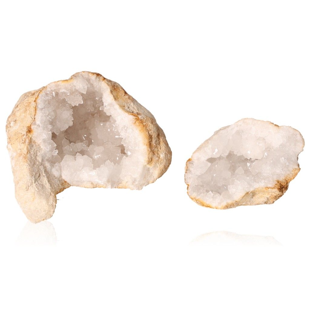 Milky quartz geode with sparkling crystals, promoting tranquility and clarity, ideal for energy cleansing and positive vibes.