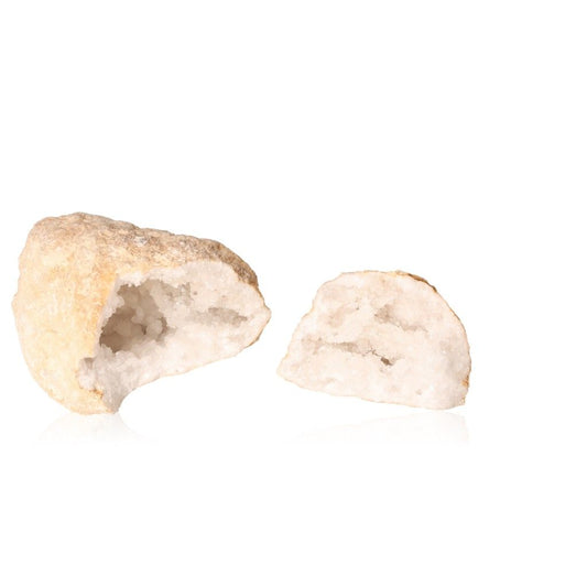 Milky quartz geode split open showing sparkling, cloudy white crystals for energy purification and balance.