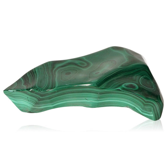 Polished malachite stone with rich green hues, known for soothing energy and promoting courage and optimism.