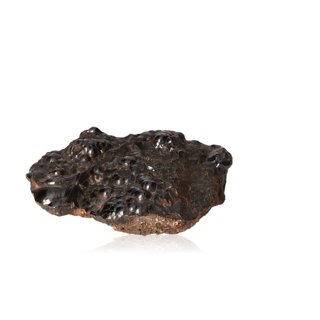 Polished botryoidal hematite crystal cluster with shimmering metallic sheen for grounding and spiritual growth.