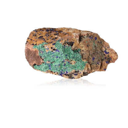 Malachite druzy stone with natural green and blue patterns on a rocky surface.