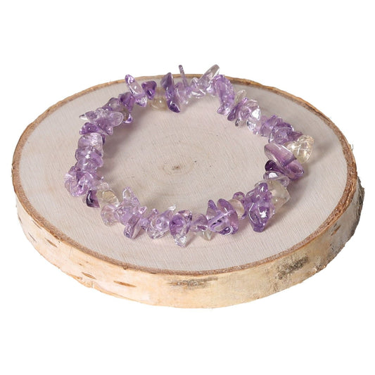 Ametrine AA chip bracelet on wooden background, showcasing purple and yellow gemstone chips for jewelry lovers.