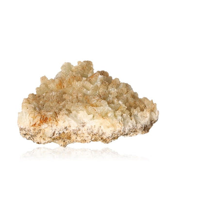 Pale green prehnite druzy crystal cluster on white background showcasing natural beauty and spiritual properties.