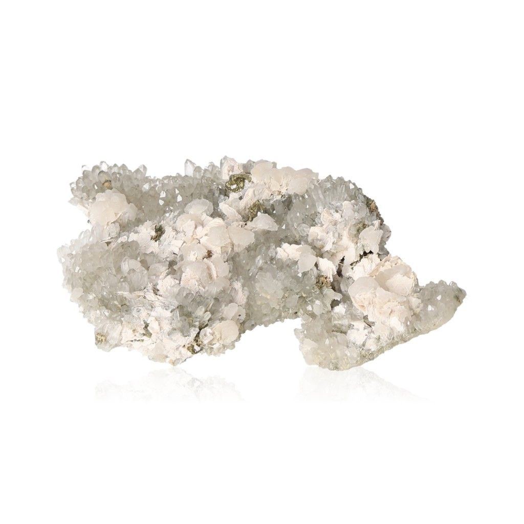 Quartz stone with chalcopyrite and calcite, showcasing clear crystals known for purification and energy harmonization.