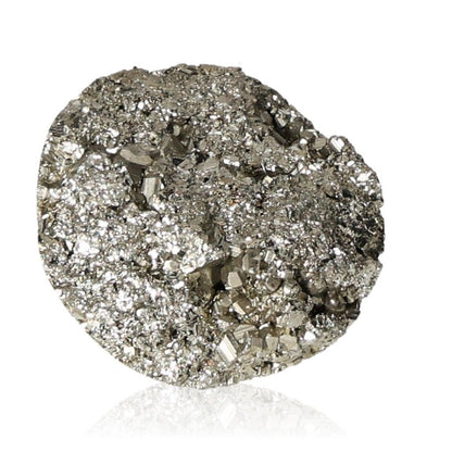 Pyrite crystal reflecting light, promoting independence and courage, ideal for inspiring new ideas and action towards goals.