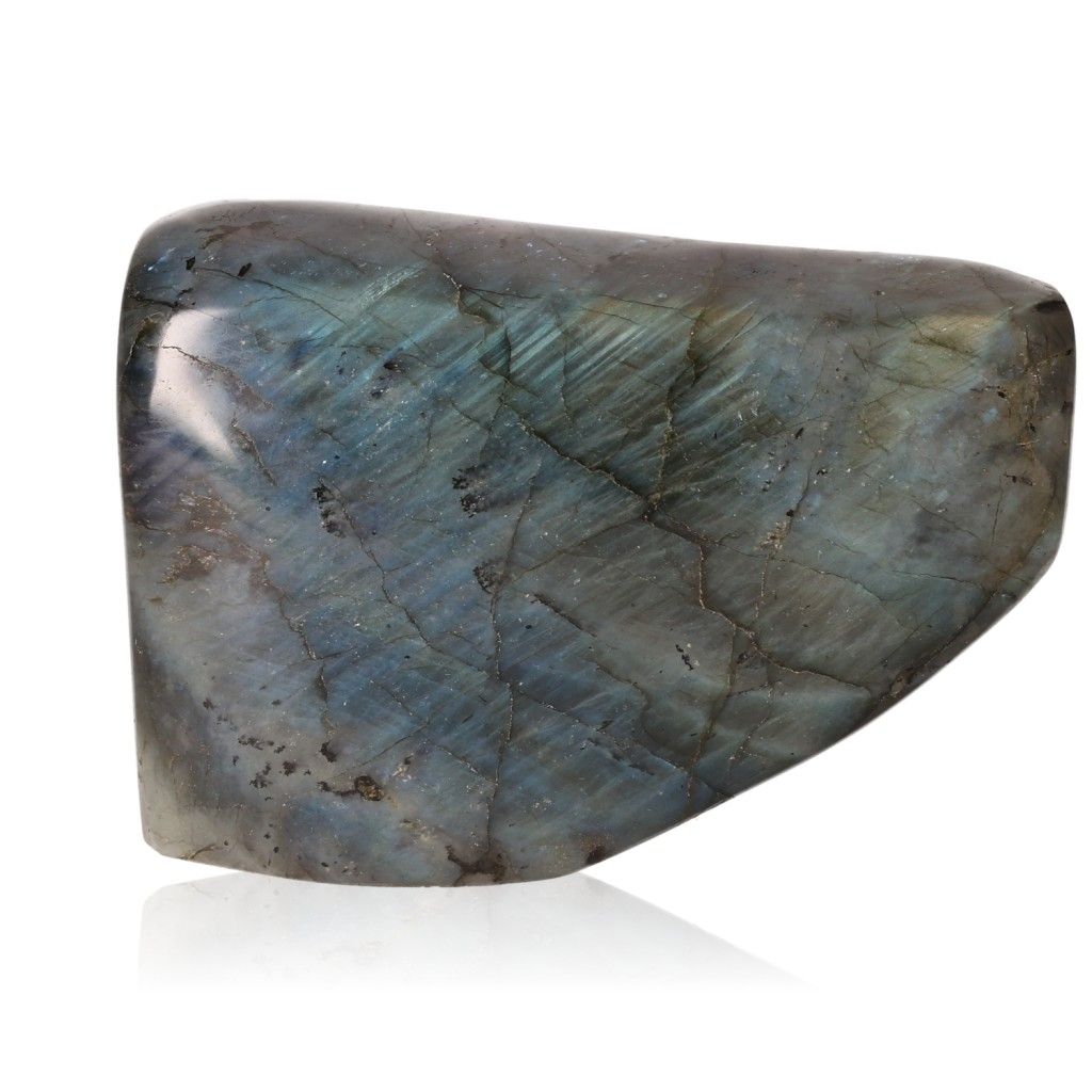 Labradorite polished cut base by Sylvia Crystals with mesmerizing colors and sleek design.