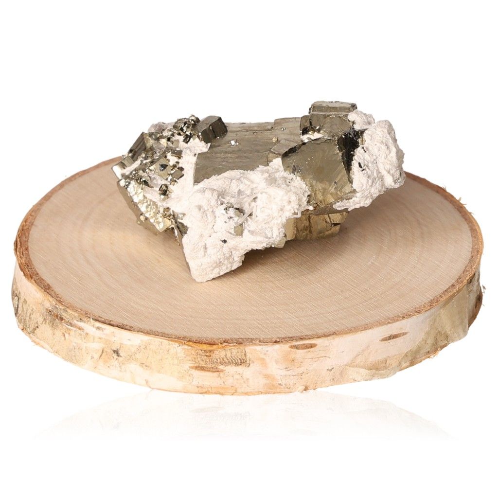 Pyrite druze crystal on wooden base, promotes independence and courage