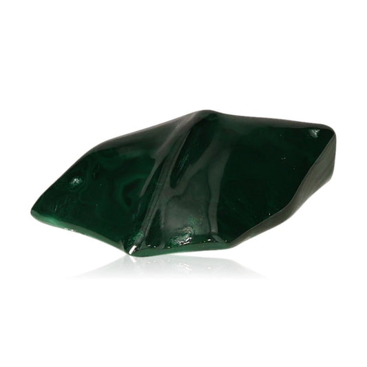 "Polished malachite stone with deep green hues, known for soothing energy and promoting courage and optimism."