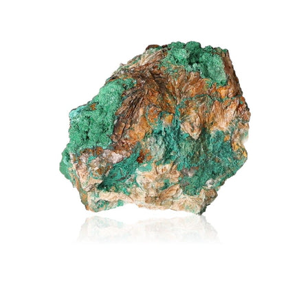 Raw malachite stone with vibrant green swirls and earthy bands, known for energizing and calming properties, on a white background.