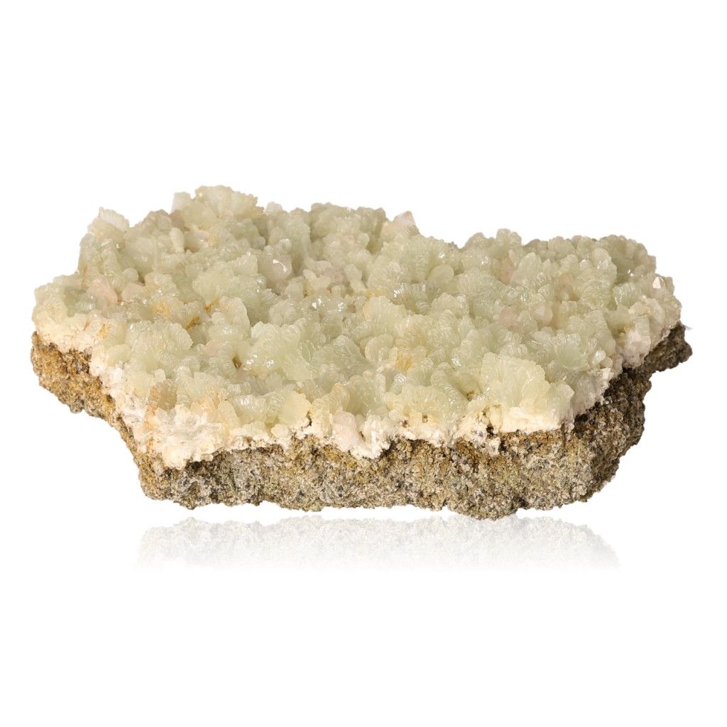 Prehnite druzy gemstone with pale green crystals promotes inner peace and spiritual growth, enhancing harmony and higher realm connections.