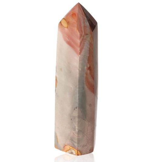 Polychrome Jasper Tower with vibrant red, orange, and brown color patterns, known for its grounding and energizing properties.