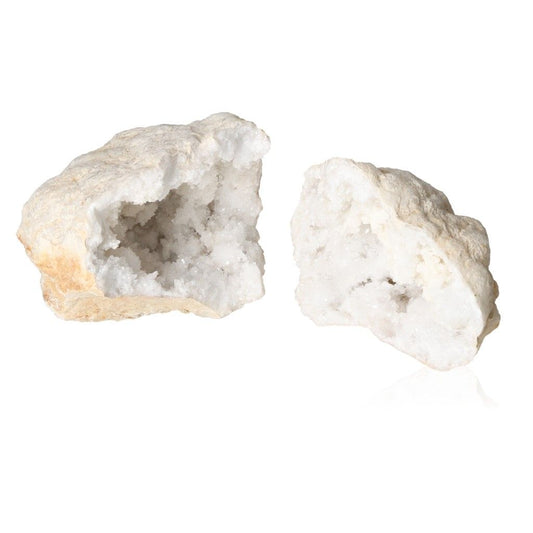 Milky quartz geode split open to reveal sparkling cloudy white crystals, ideal for cleansing spaces and enhancing tranquility.