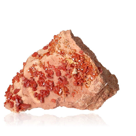 Vanadinite Druze with vibrant reddish-orange hexagonal crystals on a rock, known for enhancing focus and motivation.