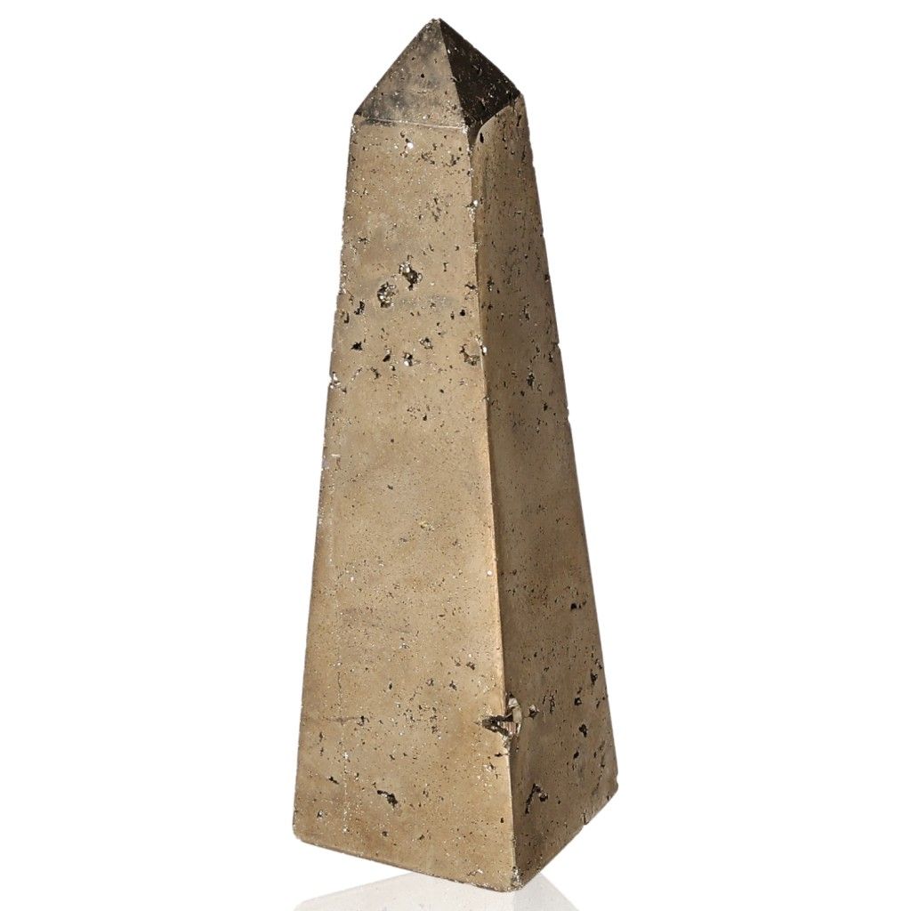 Shiny pyrite obelisk stone promoting independence, courage, and goal achievement with natural metallic luster.