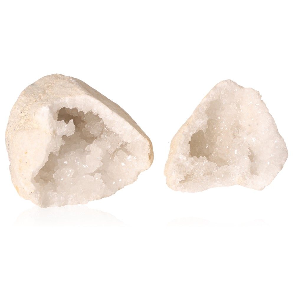 Milky quartz geodes with sparkling white crystals enhance clarity, balance energy, and promote tranquility.