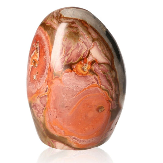 Polychrome Jasper Free Form stone with vibrant red, orange, and brown patterns, known for grounding and energizing properties.