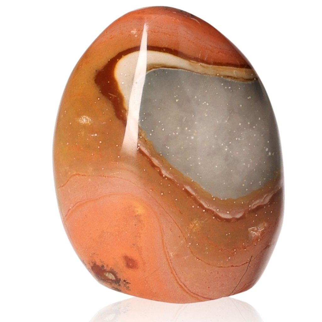 Polychrome Jasper Free Form with vibrant red, orange, and brown patterns, showcasing its unique banded appearance and energizing properties.