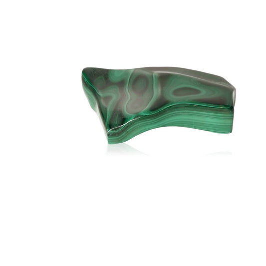 Polished malachite stone with green swirling patterns, symbolizing courage and harmony.