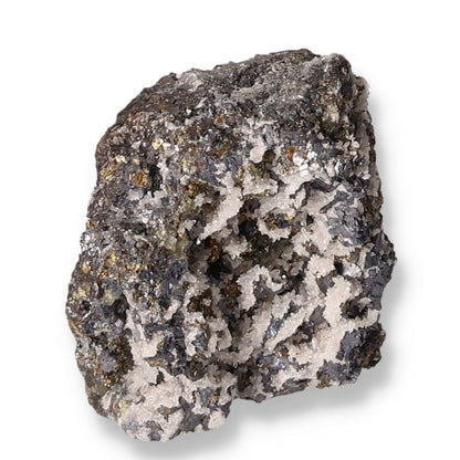 Raw galena mineral stone with metallic sheen, valued for transformation and grounding in spiritual practices.