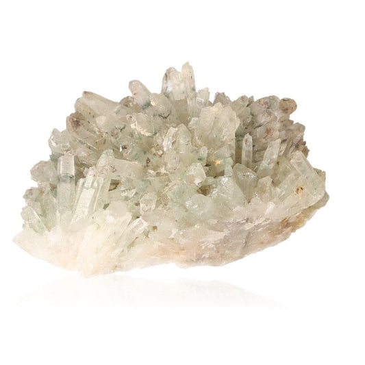 Clear quartz crystal cluster with unique formations for chakra alignment and spiritual healing.