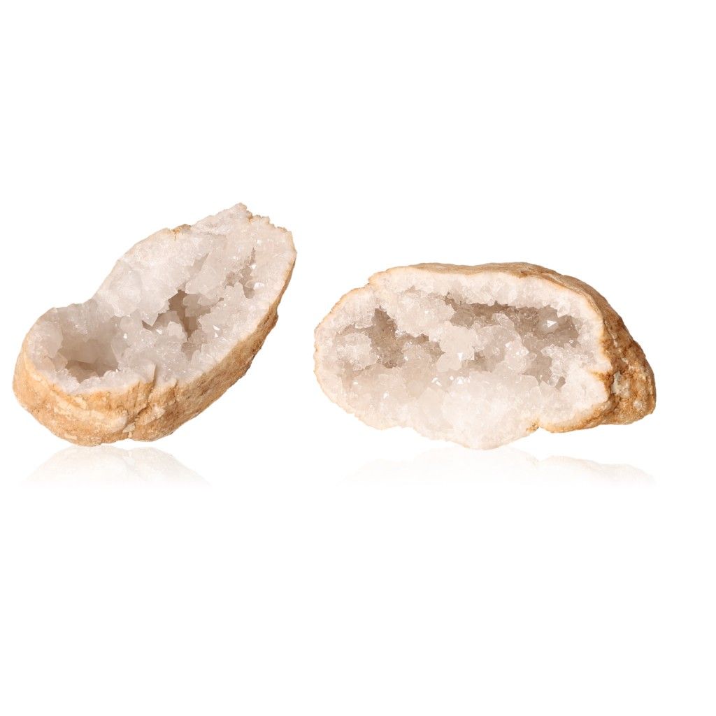 Milky quartz geode halves with sparkling white crystals, ideal for energy purification and enhancing tranquility.