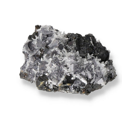 Galena mineral cluster with quartz crystals, known for transformation, harmonizing properties, and spiritual grounding benefits.