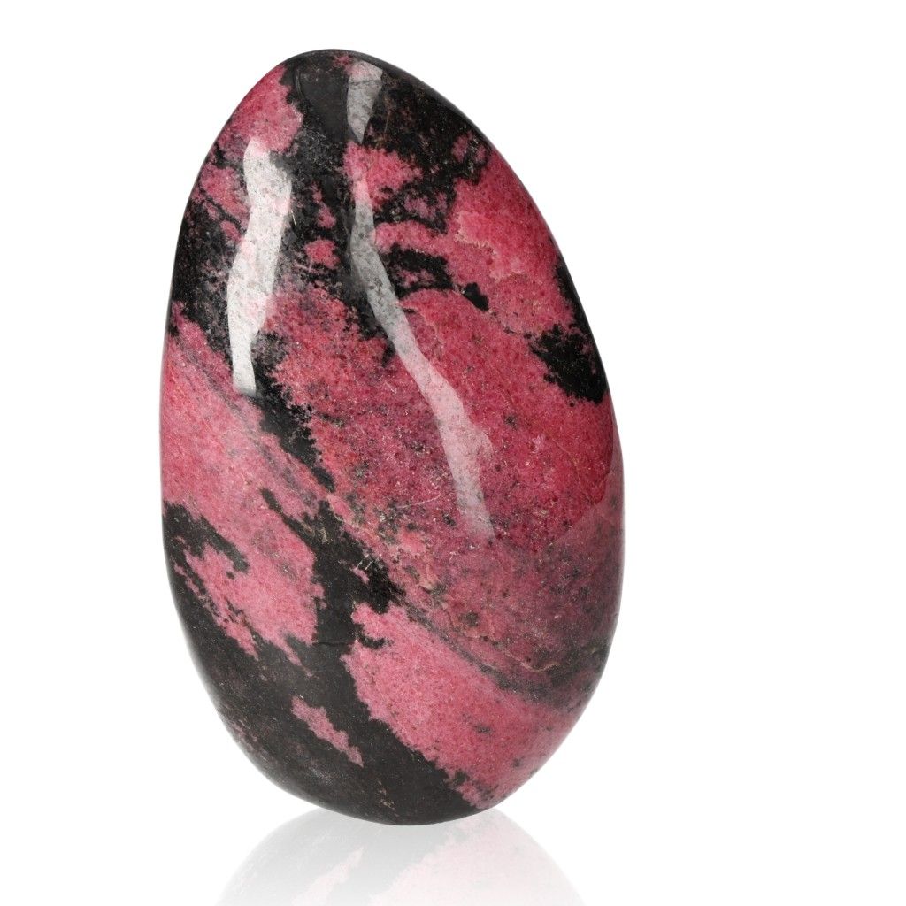 Rhodonite free form crystal with vibrant pink and black patterns, known for healing and promoting positive energy flow.