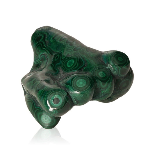 Polished malachite stone with green swirling patterns, known for its soothing energy and ability to promote courage and optimism.