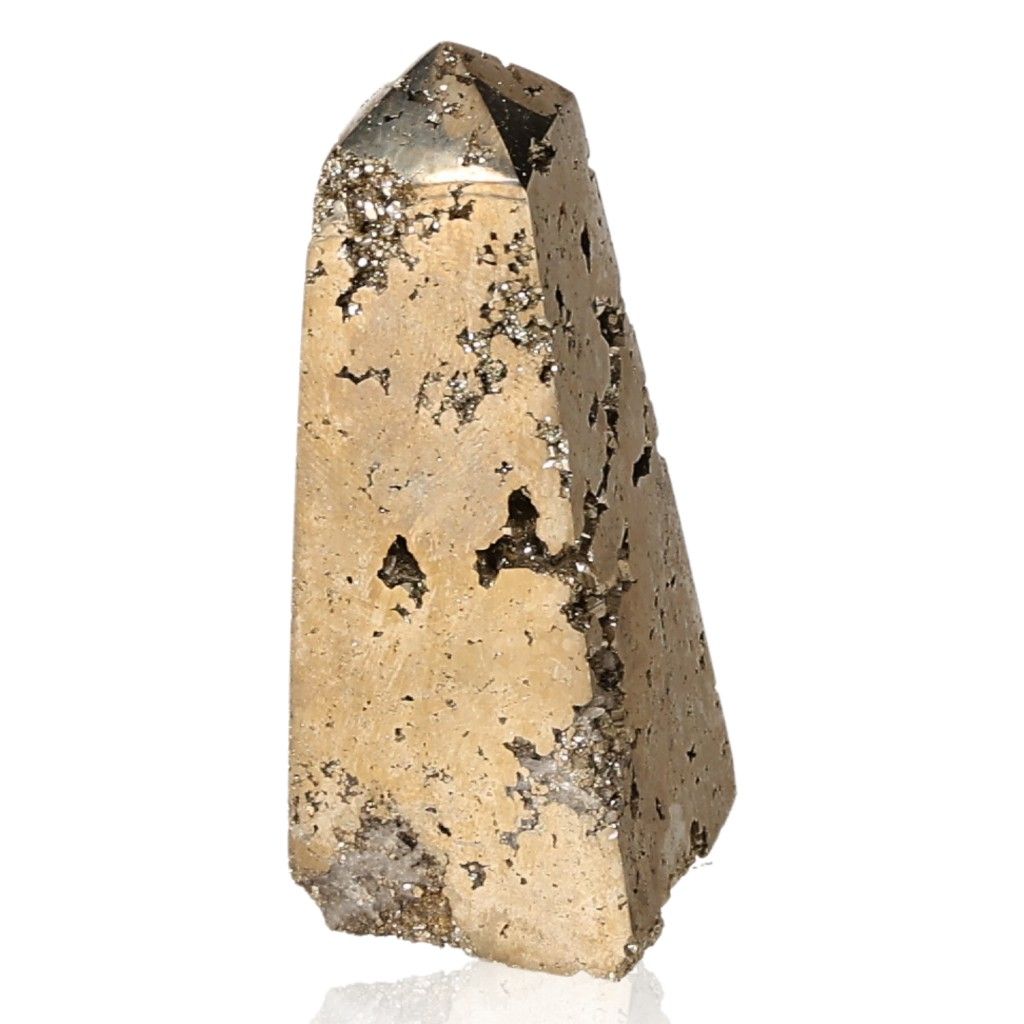 Pyrite obelisk crystal for inspiration and courage, promoting independence and goal achievement.