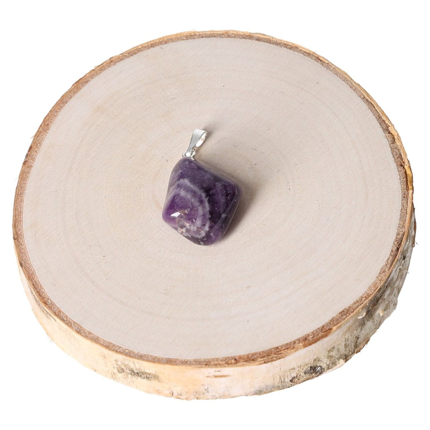 Amethyst Zebra tumbled pendant on wooden display slice