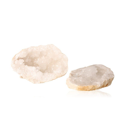 Milky quartz geodes revealing sparkling white crystals with rugged outer shells, ideal for energy balance and tranquility.