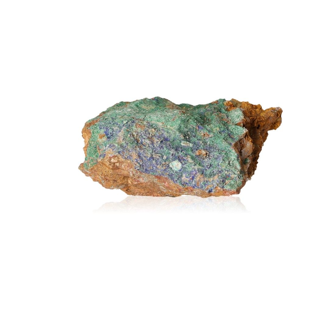 Raw malachite druze crystal with green and blue hues, promoting courage and inner harmony.