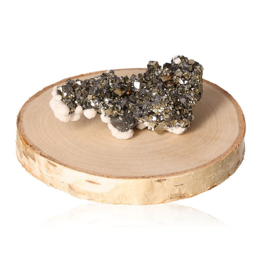 Pyrite druzy crystal on wooden display stand, promoting independence and courage for life goals.