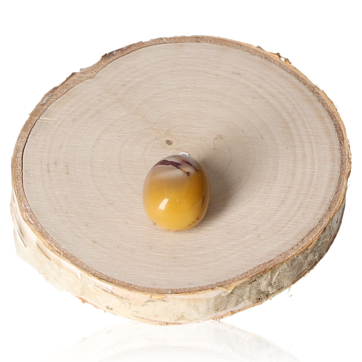 Mookaite yellow tumbled pendant displayed on a wooden slice.