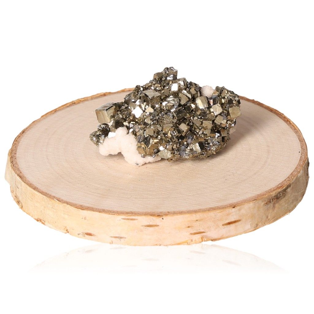 Pyrite druzy cluster on a wooden base, promoting independence and courage, ideal for inspiring new ideas and stimulating action.