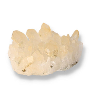 Cream-colored quartz crystal cluster with unique properties for chakra and zodiac energy alignment.