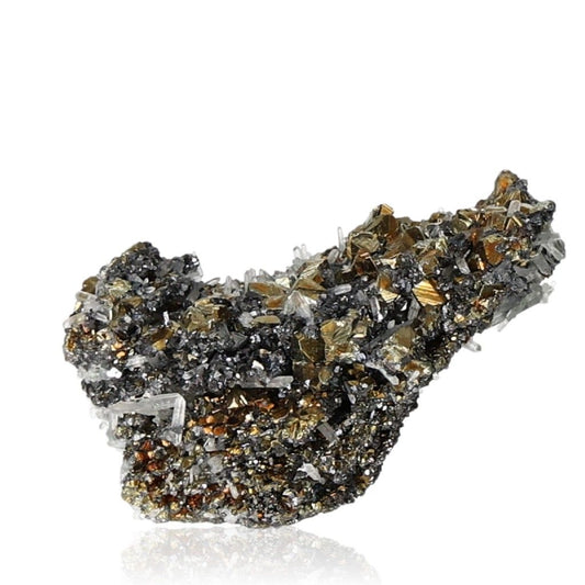 Chalcopyrite and galena crystal cluster promoting healing and intuition, showcasing metallic hues and natural formations.