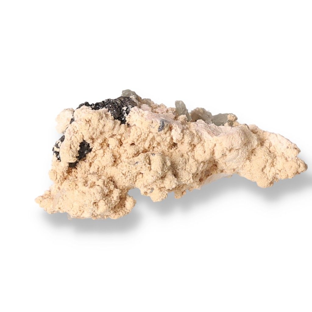 Calcite crystal formation on quartz mineral specimen with beige and dark textures.