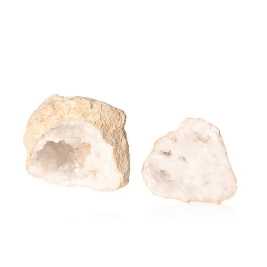 Milky quartz geode with rugged exterior and sparkling cloudy white crystals for energy cleansing and balancing.