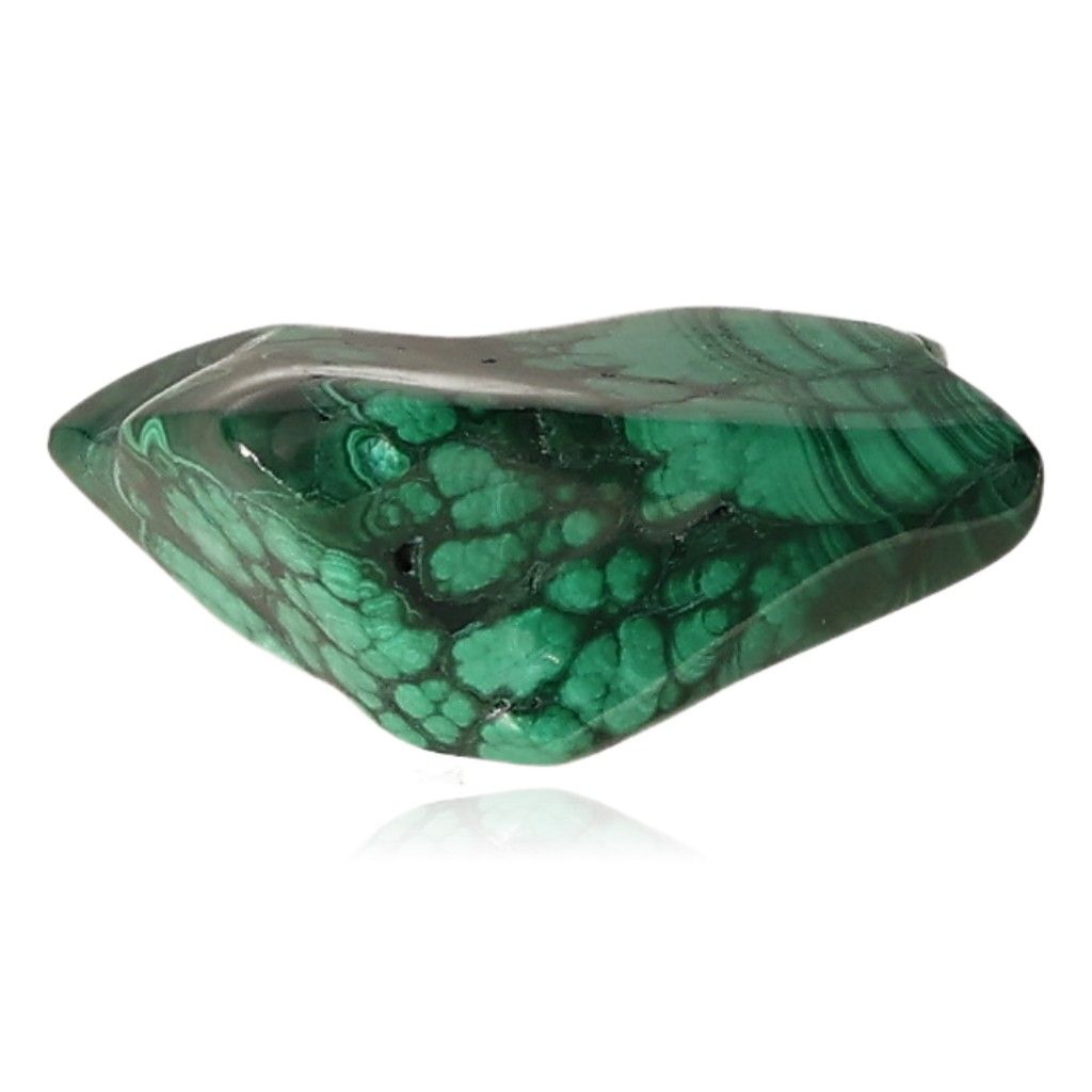 Polished malachite stone with green swirling patterns, known for its soothing energy and ability to support inner harmony and optimism.