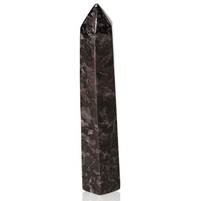 Indigo Gabbro Tower, Mystic Merlinite crystal for intuition and spiritual growth, featuring black and indigo swirling patterns.