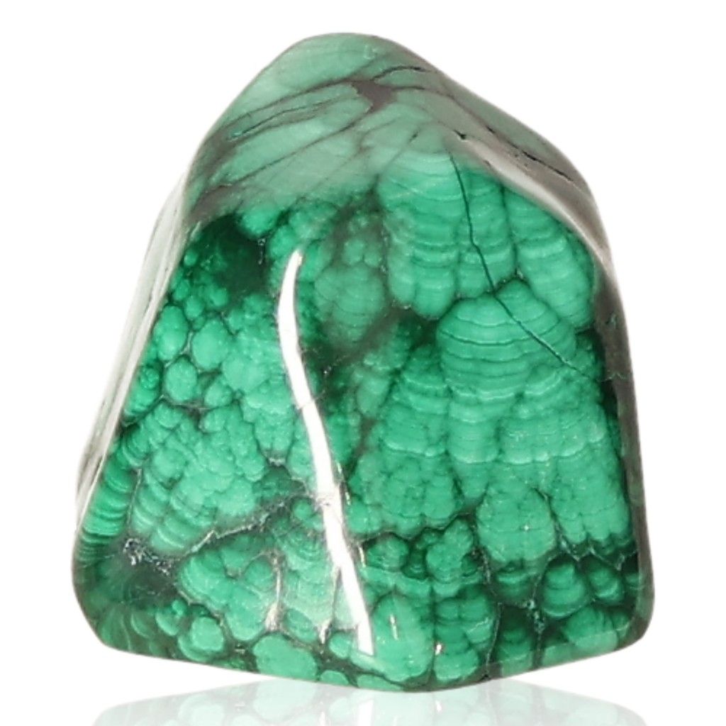 Polished malachite stone showcasing vibrant green patterns, known for its soothing energy and supportive qualities.